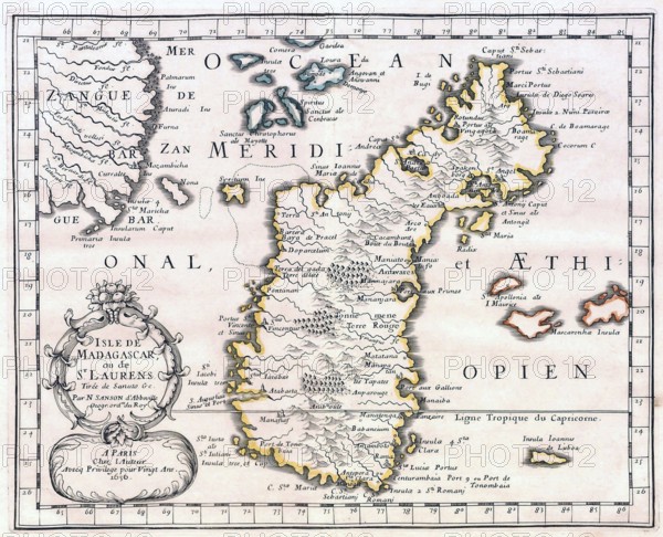 Madagascar was the scene of the activities of the French East India Company. The French East India Company (French: La Compagnie Française des Indes Orientales or Compagnie Française pour le Commerce des Indes Orientales) was a commercial enterprise, founded in 1664 to compete with the British and Dutch East India companies in colonial India.<br/><br/> Planned by Jean-Baptiste Colbert, it was chartered by King Louis XIV for the purpose of trading in the Eastern Hemisphere. It resulted from the fusion of three earlier companies, the 1660 Compagnie de Chine, the Compagnie d'Orient and Compagnie de Madagascar. The first Director General for the Company was De Faye, who was adjoined two Directors belonging to the two most successful trading organizations at that time: François Caron, who had spent 30 years working for the Dutch East India Company, including more than 20 years in Japan, and Marcara Avanchintz, a powerful Armenian trader from Isfahan, Persia