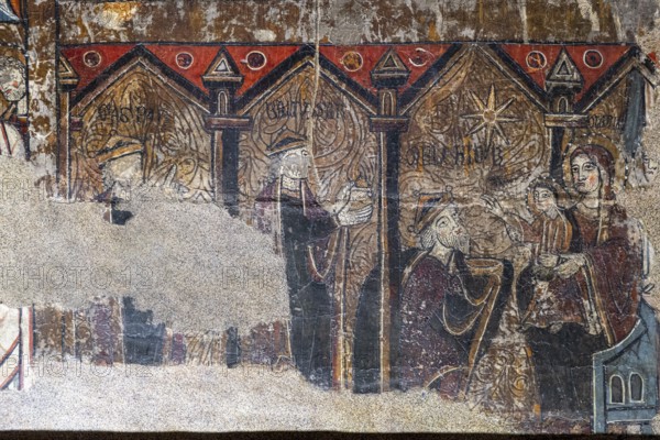 Adoration of the three wise men, altar frontal of Santa Maria de Iguacel, XIII century, tempera painting on pine wood, Diocesan Museum of Jaca, Huesca, Spain