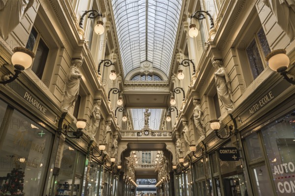 Brussels, Belgium, 12 18 2018: The decorated art and shopping mall called Passage du Nord in eclectic style in old town