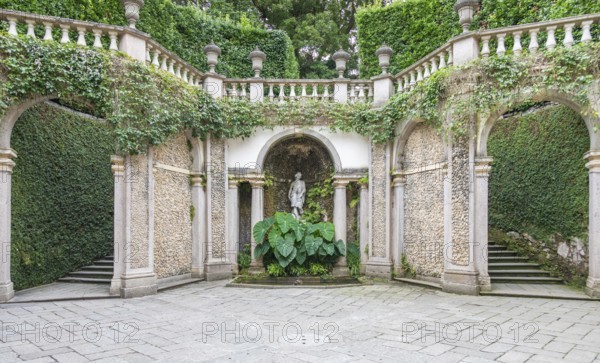 Old staircase in nature. Garden architecture design, green natural path with historic pavement