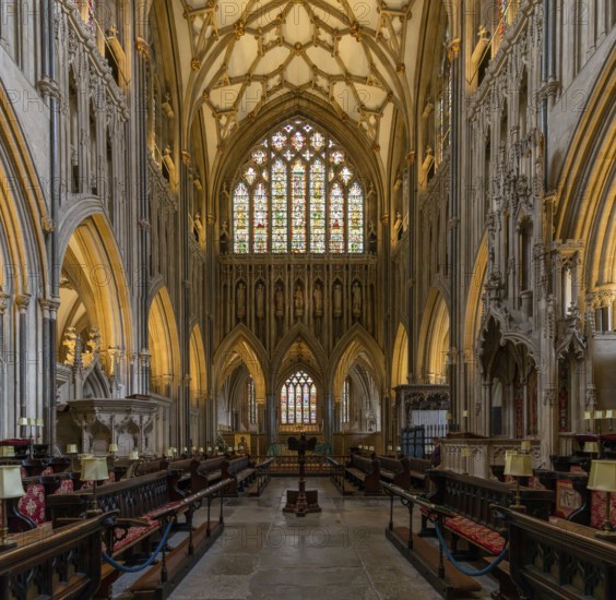 Wells, United Kingdom, 1 September, 2022: view of the Choir and central nave inside the historic Wells Cathedral