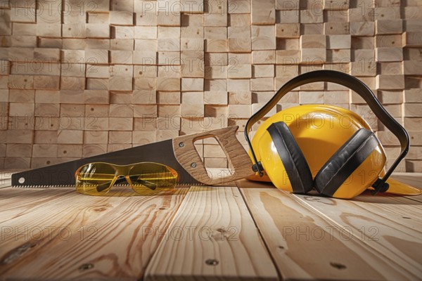 Construction Carpentry Concept. Yellow Safety Goggles Helmet And Earphones. Classic Handsaw With Wooden Handle On Background Wood Stack
