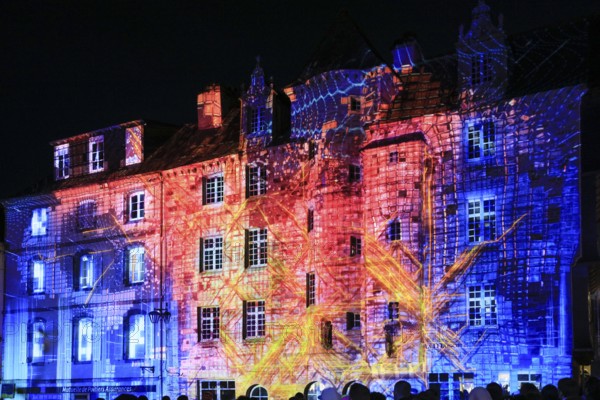 Projections on the façade of the Maison de la Duchesse Anne, light show at the turn of the year in the old town centre of Landerneau, Finistere Penn-ar-Bed department, Bretagne Breizh region, France