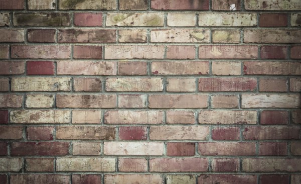 Red vintage brick wall with grungy structure. Horizontal wide background. Distressed wall with broken bricks texture. Retro house facade