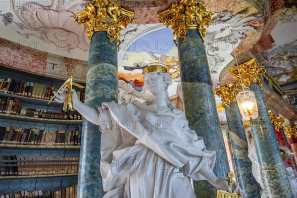 WIBLINGEN, BAVARIA, GERMANY, JUNE 08, 2022 : Rococo and baroque decors of the library in Wiblingen abbey, near Ulm city, by architects Christian and Johann Wiedemann, 18th century