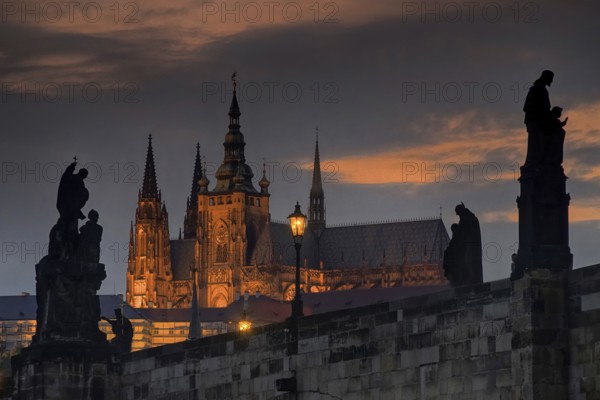 Charles Bridge and Hradcany by night, Prague, Czech Republic