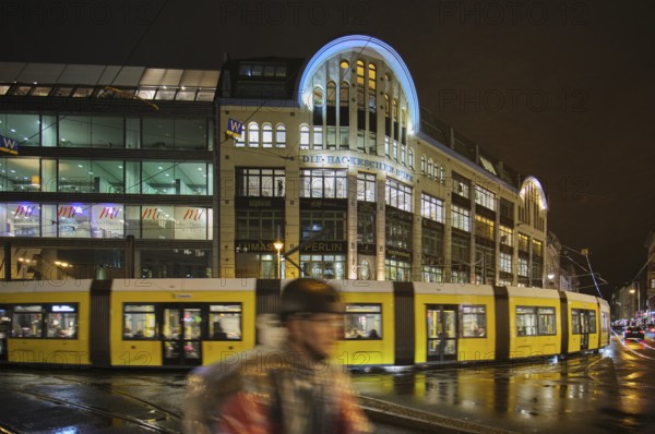 Germany, Berlin, 19.12.2024, Hackesche Höfe, Hackescher Markt, view into Rosenthaler Straße, tram, cyclist
