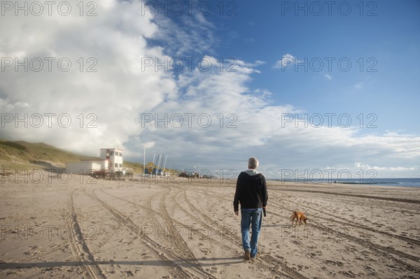 Elderly man is walking his dog at the beach