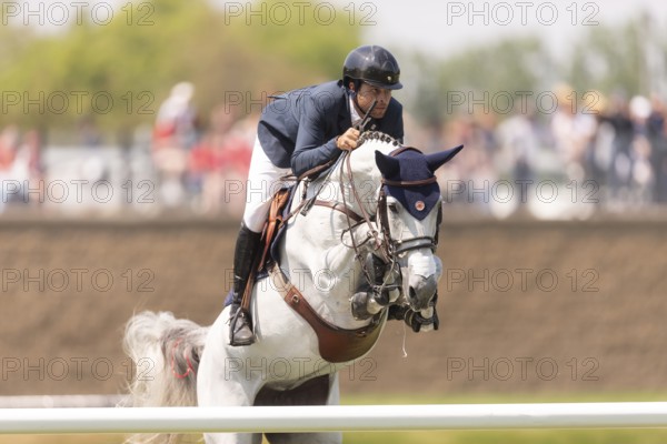 Daniel Bluman of Israel and riding Corbie V.V., compete in the 1.60m Grand Prix during The Continental international competition at Spruce Meadows, in Calgary, Canada, North America
