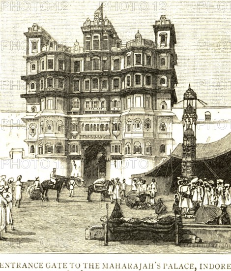 Entrance gate to the Maharaja's palace, the graphic 24th July 1886, Indore, Uttar Pradesh, India