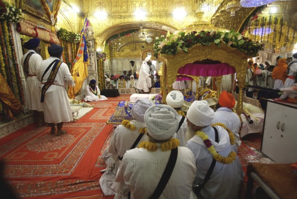 Sikh clerics sitting, celebrations consecration of perpetual Guru Granth Sahib Sikh, Sachkhand Saheb Gurudwara in Nanded