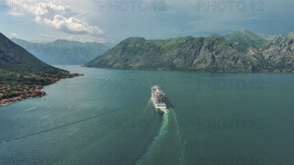 Aerial view of cruise ship in the Bay of Kotor, Montenegro