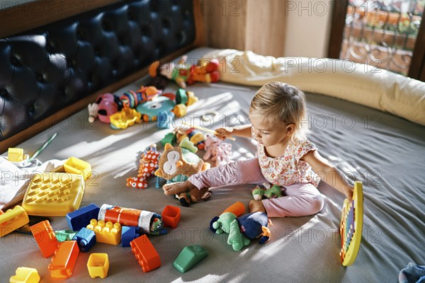 Little girl sits with a xylophone and a wand in her hands on the bed surrounded by soft toys.