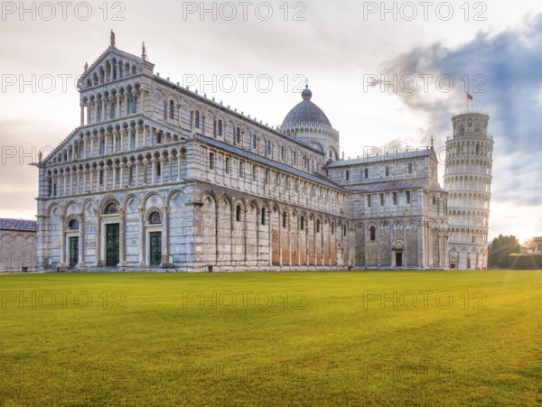 Pisa, Italy, 29 June 2023: cathedral sightseeing, travel destination, sunrise light, famous artistic building
