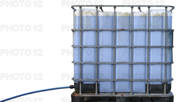 An Intermediate Bulk Container (Or Pallet Tank Or IBC Tank Or Bulky) For Liquids With Hose Attached On A White Background