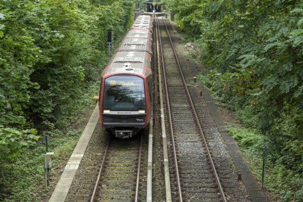 Metro, Hamburger Verkehrsverbund HVV, local transport, traffic turnaround, railway line in the countryside with train travelling in the direction of Barmbek on the U3 underground line at the Sierichstraße stop in Winterhude, Hamburg, Germany