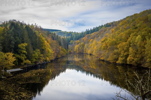 View on the river Ourthe during autumn in national park Two Ourthes in Wallonia, Belgium