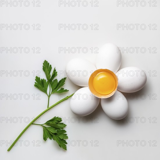 Creative concept photo of a flower made of eggs and parsley on a white background