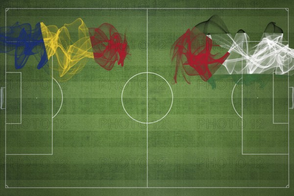 Romania vs Palestine Soccer Match, national colors, national flags, soccer field, football game, Competition concept, Copy space