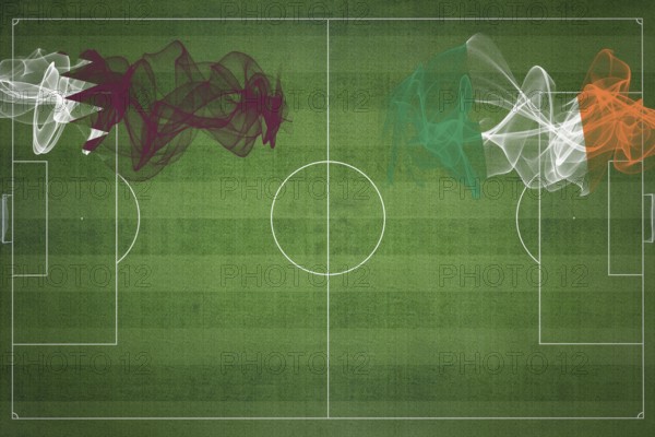 Qatar vs Ireland Soccer Match, national colors, national flags, soccer field, football game, Competition concept, Copy space