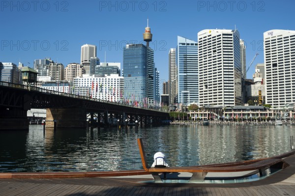 2018-09-18, Sydney, New South Wales, Australia, A view from Darling Harbour to the skyline of Sydney's business district with the Pyrmont Bridge and Sydney Tower in the distance