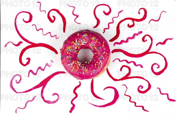 Kreatives süßes Essen. Glasierte bunte Donut auf einem hellen Aquarell lackiert Hintergrund