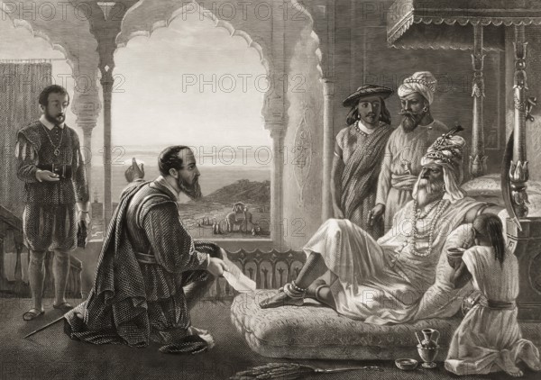 Vasco da Gama presenting a letter from the King of Portugal to the Samudrin von Calicut, Kozhikode, state of Kerala in India, 20 May 1498