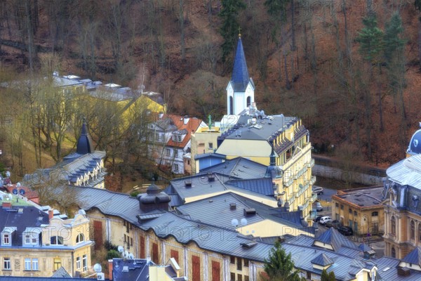 Karlovy Vary, Czech Republic, February 24, 2017: Traditional buildings and hotels of famous resort