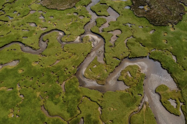 A top down view of the creeks and pools and rivers of the Carrowmore Lacken saltmarsh in northern County Mayo