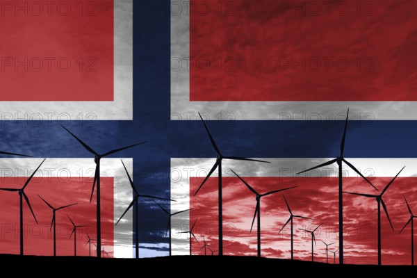Norway flag wind farm at sunset, sustainable development, renewable energy Wind Turbines