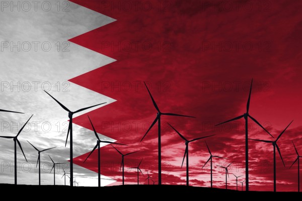 Bahrain flag wind farm at sunset, sustainable development, renewable energy Wind Turbines