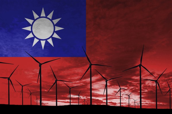 Taiwan flag wind farm at sunset, sustainable development, renewable energy Wind Turbines