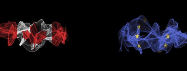 Flags of Canada and EU on Black background, Canada vs Europe Union Smoke Flags