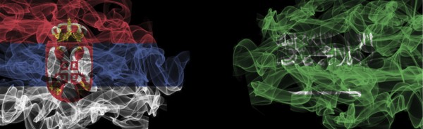Flags of Serbia and Saudi Arabia on Black background, Serbia vs Saudi Arabia Smoke Flags