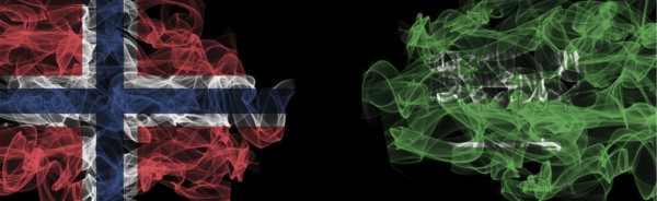 Flags of Norway and Saudi Arabia on Black background, Norway vs Saudi Arabia Smoke Flags