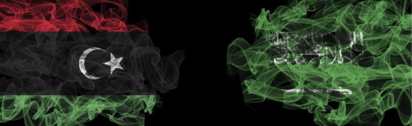 Flags of Libya and Saudi Arabia on Black background, Libya vs Saudi Arabia Smoke Flags