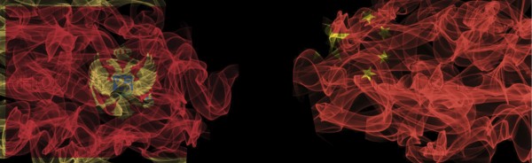 Flags of Montenegro and China on Black background, Montenegro vs China Smoke Flags