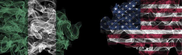 Flags of Nigeria and USA on Black background, Nigeria vs USA Smoke Flags