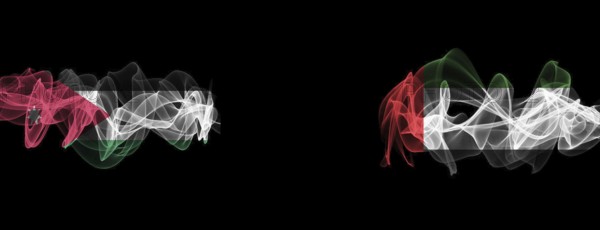 Flags of Jordan and UAE on Black background, Jordan vs United Arab Emirates Smoke Flags