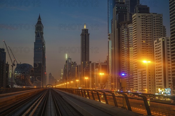 Dubai sunrise landscape (from the United Arab Emirates Dubai Metro). Shooting Location: Dubai