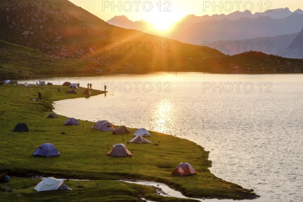 First light in the morning front Midi d Ossau, Gentau lake, Ayous lakes tour, Pyrenees National Park, Pyrenees Atlantiques, France