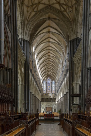 Salisbury, United Kingdom, 8 September, 2022: view of the choir and the central nave inside the historic Salisbury Cathedral
