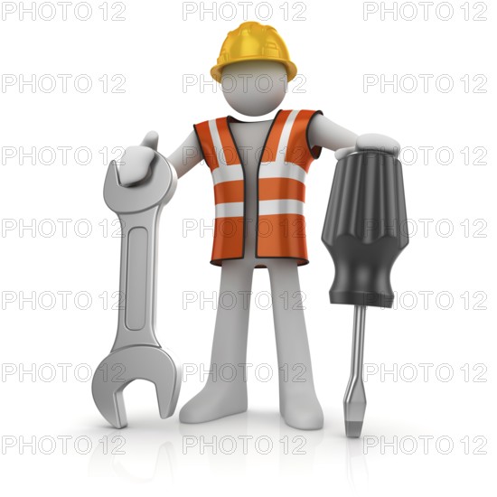 3d man with a screwdriver and a wrench, This is a 3d computer generated image. Isolated on white