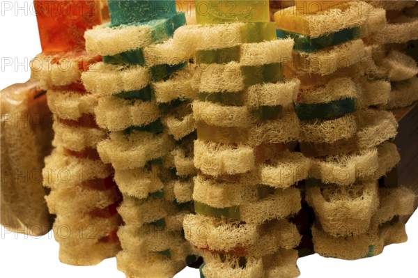 Various isolated homemade bar soaps. Handmade colorful soap, spa bath products for body spa skin care. Hygiene toiletries