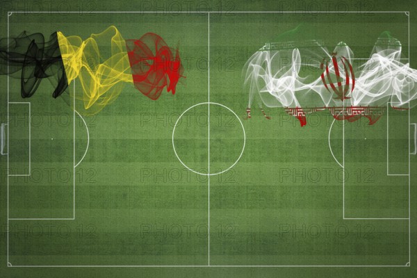 Belgium vs Iran Soccer Match, national colors, national flags, soccer field, football game, Competition concept, Copy space