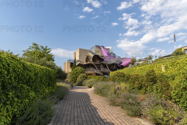 Elciego, Spain, 6 August 2020: Winery of Marques de Riscal in Alava, Basque Country. The futuristic building and luxury hotel was designed by famous architect Frank Gehry