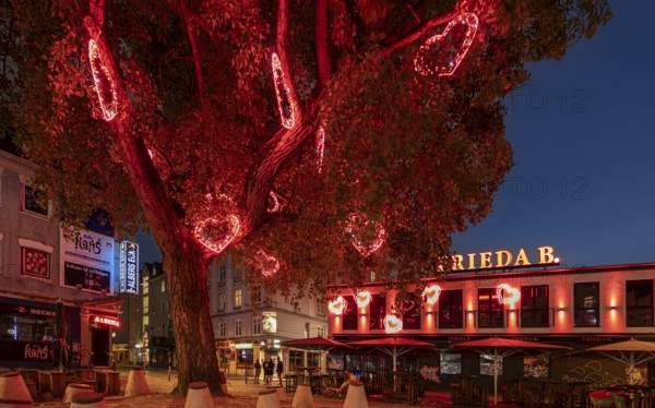 A tree with red heart-shaped lights decorates a lively urban scene at night, Hans-Albers-Platz, St. Pauli, Free and Hanseatic City of Hamburg, Germany