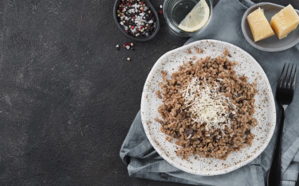 Buckwheat risotto with dried mushrooms served parmesan cheese in craft plate on black cement background. Gluten-free and vegetarian buckwheat recipe ideas. Copy space. Top view or flat-lay