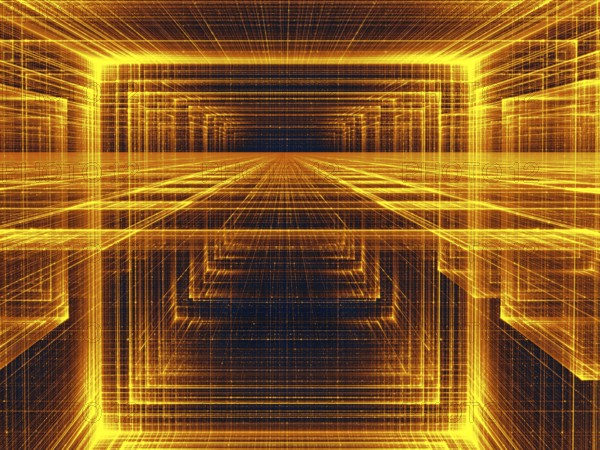 Golden perspective background - abstract computer-generated 3d illustration. Contemporary digital art: tunnel or hall with glowing lines. For sci-fi or technology design projects