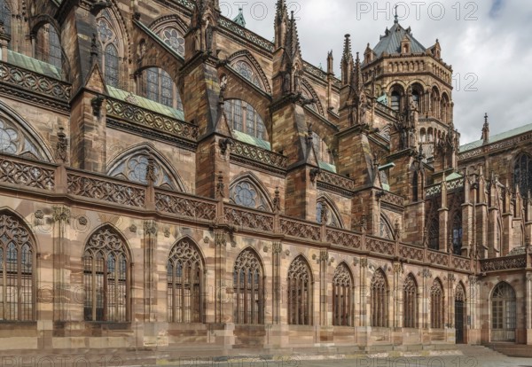 Strasbourg Cathedral also known as Strasbourg Minster, is a Gothic Roman Catholic cathedral in Strasbourg, Alsace, France. View from the south
